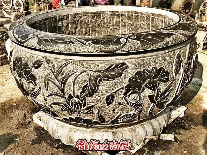 精美大理石浮雕蓮花缸，現(xiàn)代庭院裝飾雕塑