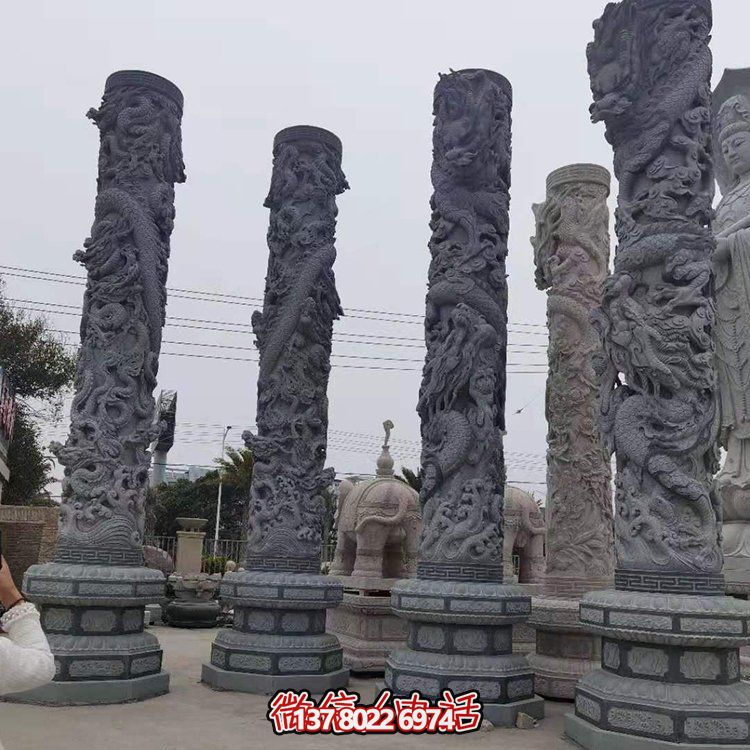 青石浮雕龍柱，精美石雕園林景觀裝飾
