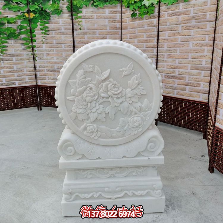 中式風格天然漢白玉石雕抱鼓浮雕門墩，花開富貴