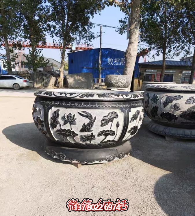 古典仿古石雕魚缸，添點家園庭院荷花水景