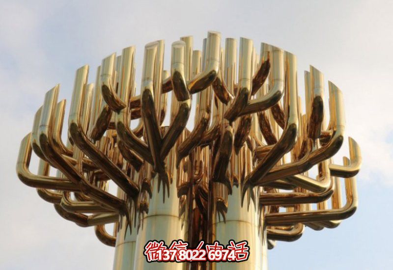 不銹鋼大樹雕塑，金色噴涂