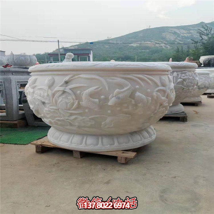 古典經典，漢白玉鯉魚雕刻圓形水缸