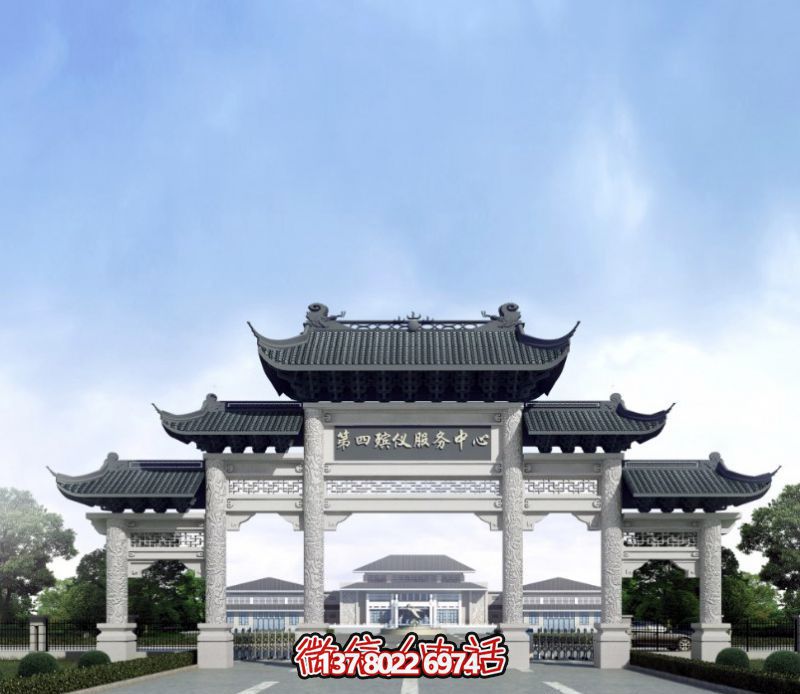 一座新式殯儀館五門景觀、青瓦斗拱、牌樓等高雅裝飾